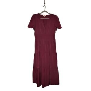 ENTRO $75 Purple Short Sleeve‎ Empire Waist Tiered Midi Dress Medium